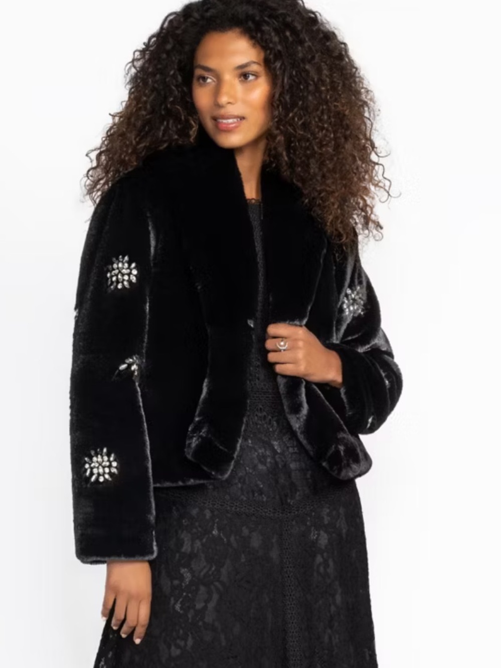 Johnny Was Jade Angella Faux Fur Embellished Jacket Black Size M